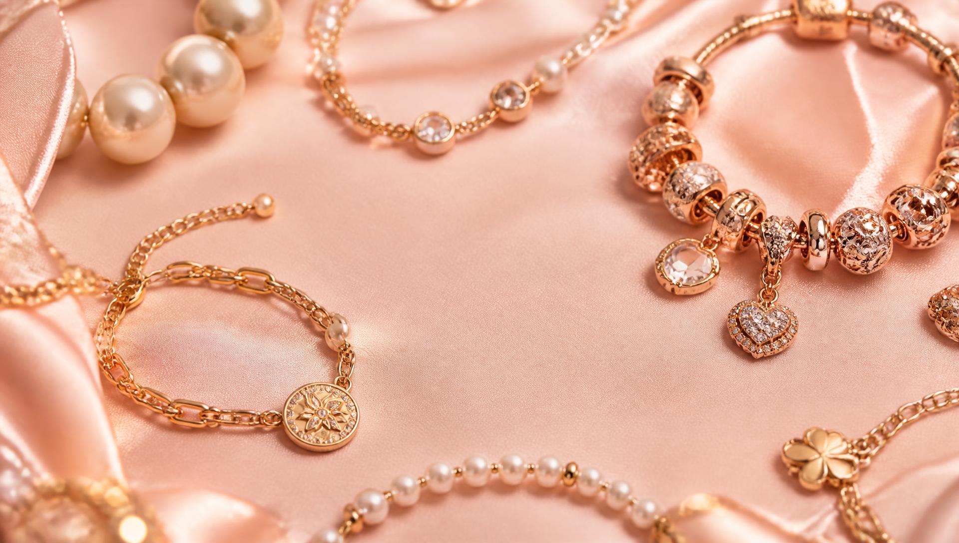 Rose gold charm bracelets and pearls on blush silk